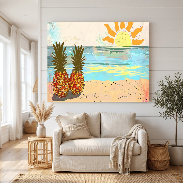 Wadi Home tropical pineapple beach wall art print featuring a sun-drenched coastal scene above a modern beige sofa.