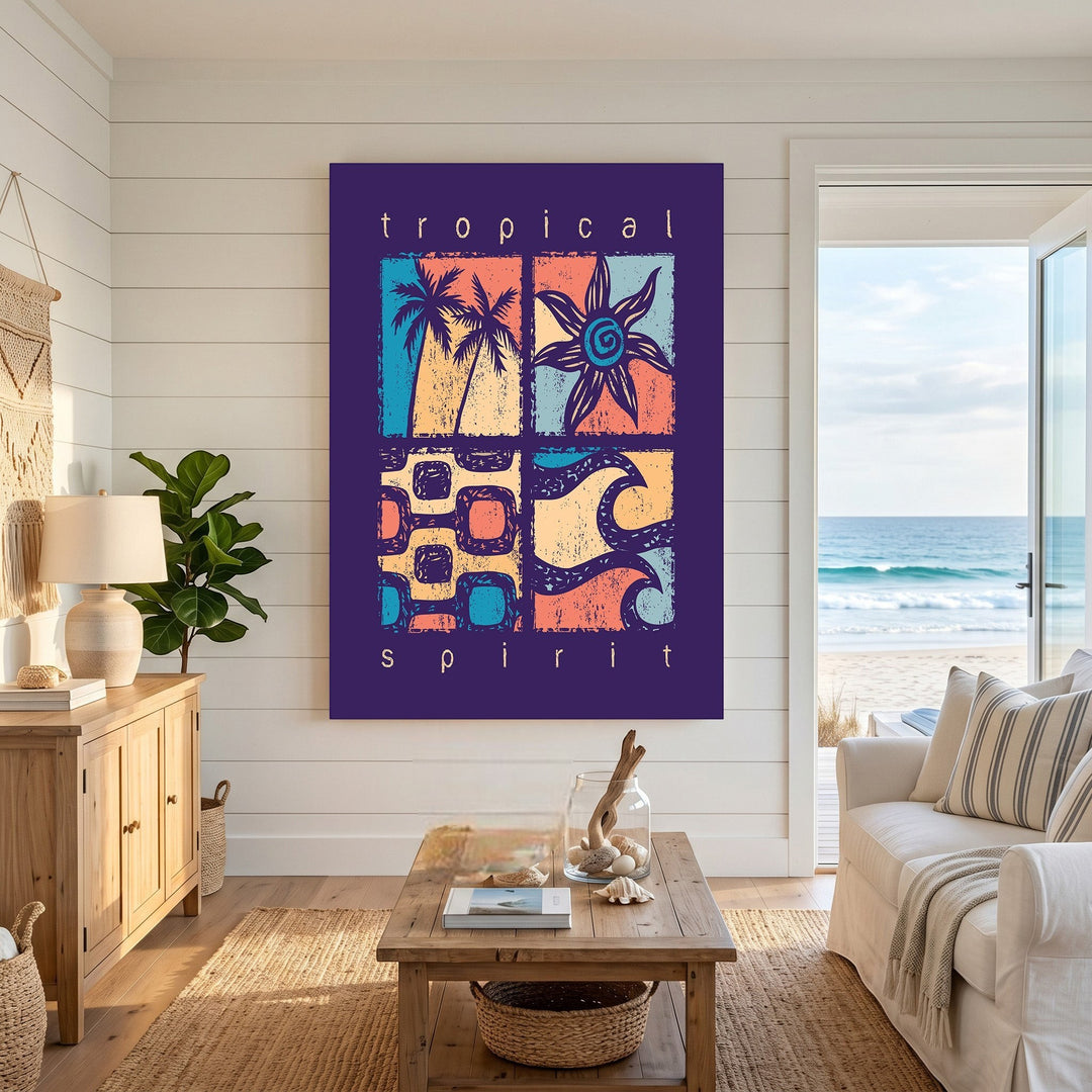 Wadi Home Tropical Spirit wall art print with palm trees and ocean motifs in purple, coral, and teal on white wall.