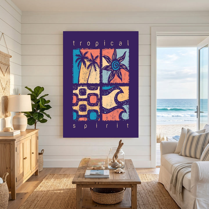 Wadi Home Tropical Spirit wall art print with palm trees and ocean motifs in purple, coral, and teal on white wall.