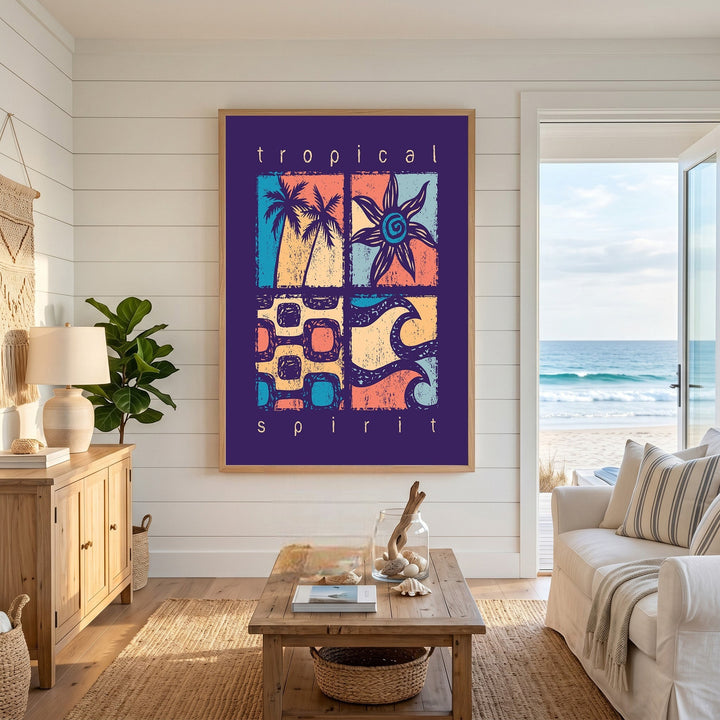 Wadi Home Tropical Spirit wall art print with palm tree and starfish motifs in a coastal living room.