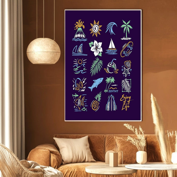 Wadi Home tropical summer icon wall art print with neon-style illustrations on a dark purple background in a living room