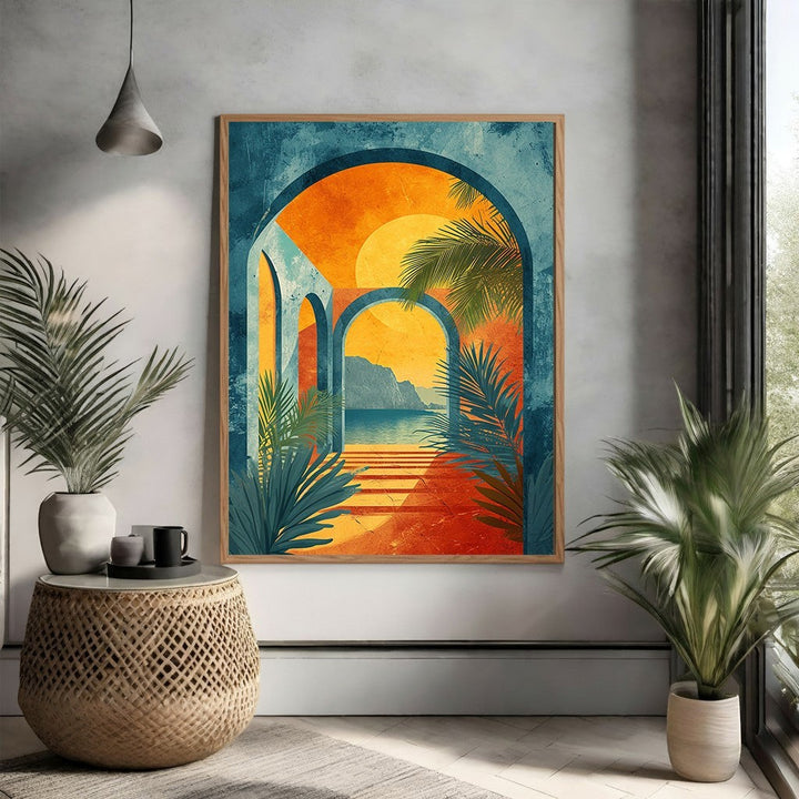 Wadi Home Archway Tropical Sunset Wall Art featuring vibrant oranges, blues, and greens, with palm fronds framing an ocean and mountain view.