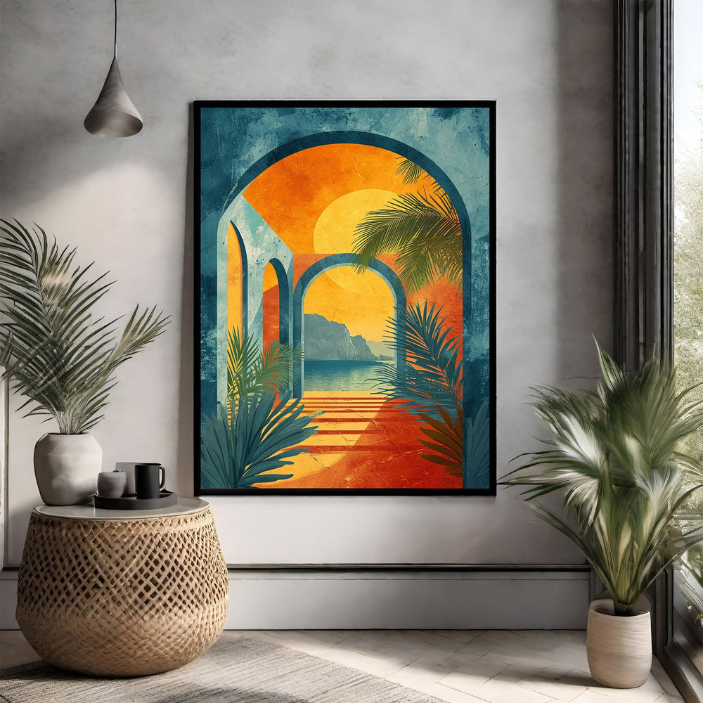Wadi Home Archway Tropical Sunset Wall Art featuring vibrant oranges, blues, and greens, with palm fronds framing a coastal ocean and mountain view.