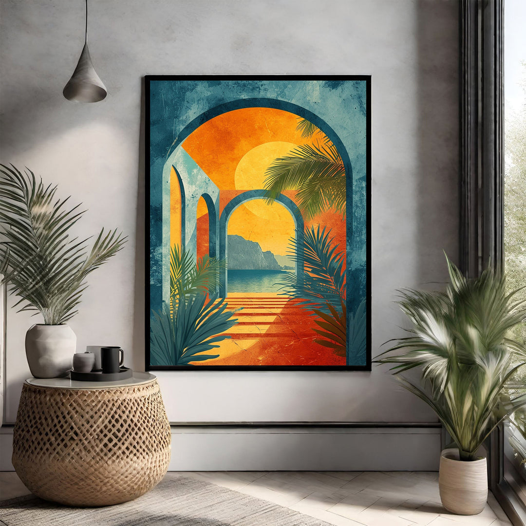 Wadi Home Archway Tropical Sunset Wall Art featuring vibrant oranges, blues, and greens, with palm fronds framing a coastal ocean and mountain view.