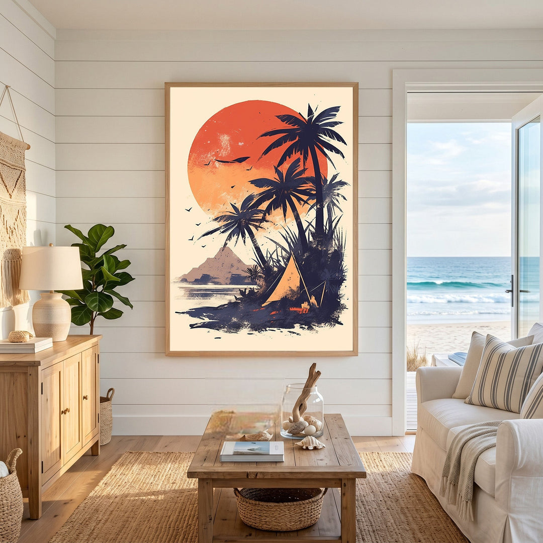 Wadi Home tropical sunset beach wall art print featuring silhouetted palm trees and a campsite in a coastal living room.