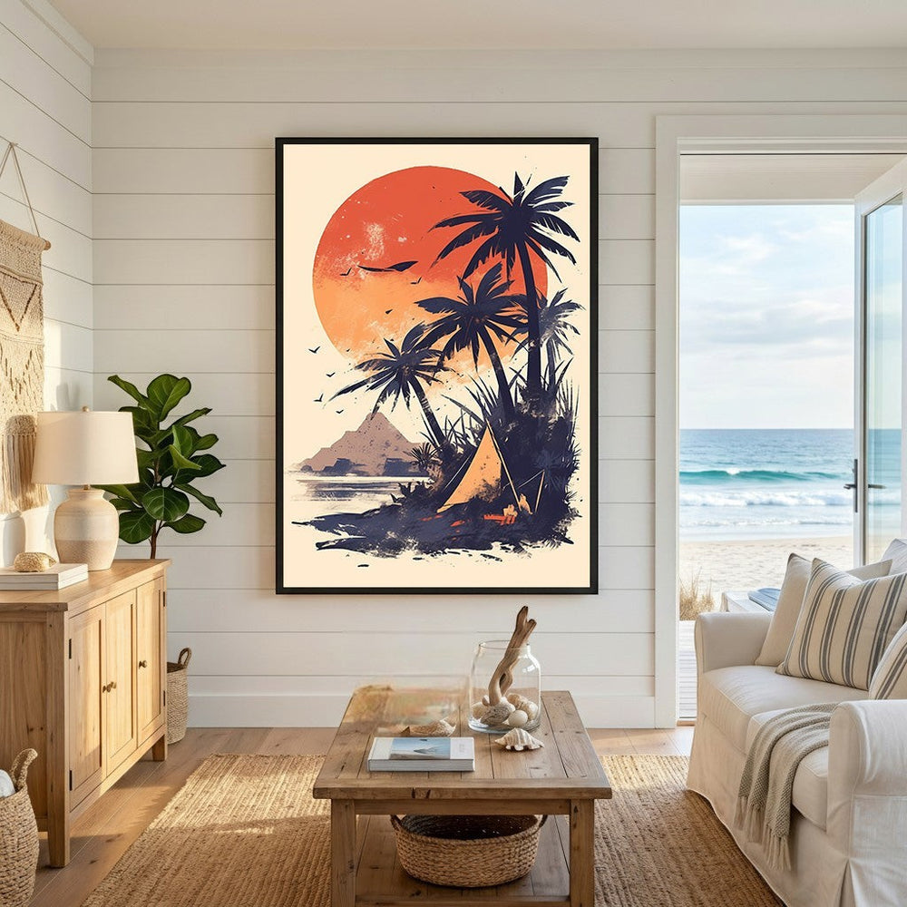 Wadi Home tropical sunset beach wall art print featuring silhouetted palm trees and a campsite in a coastal living room.