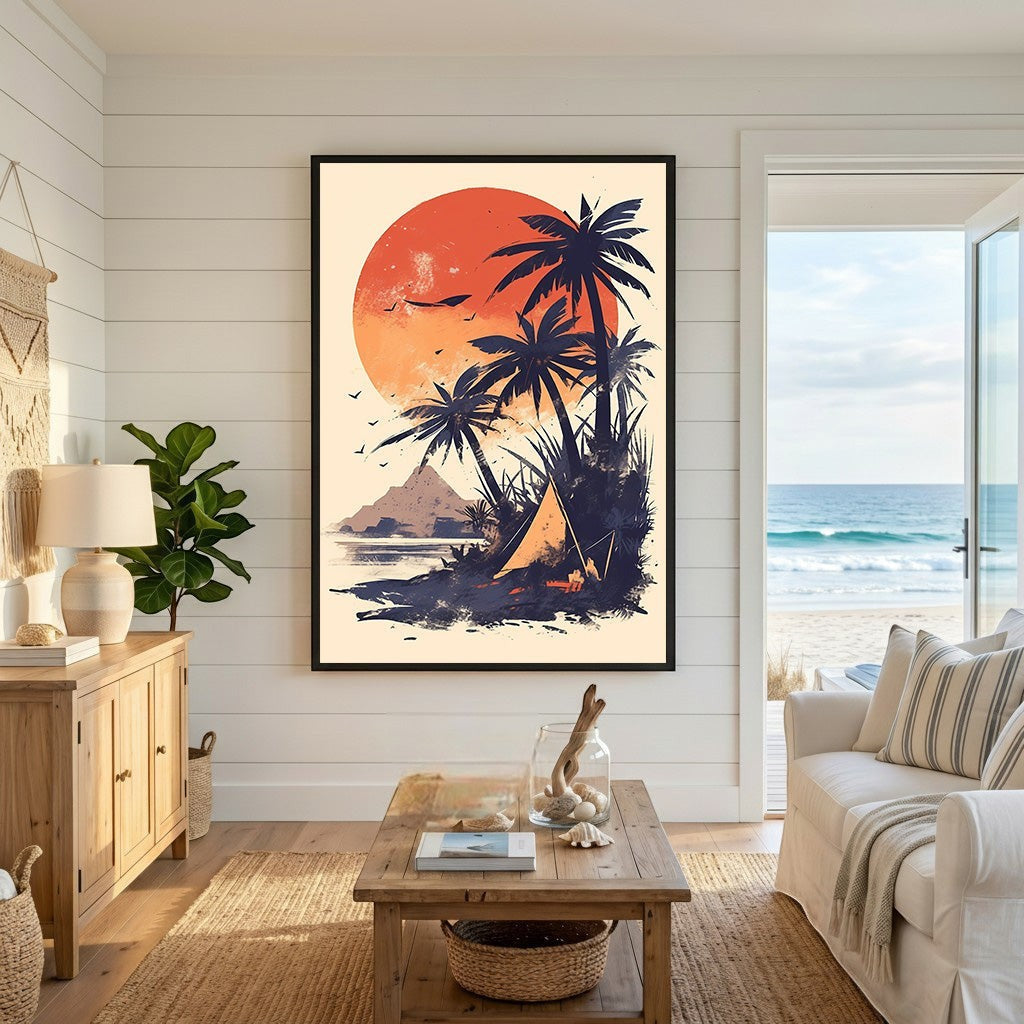 Wadi Home tropical sunset beach wall art print featuring silhouetted palm trees and a campsite in a coastal living room.