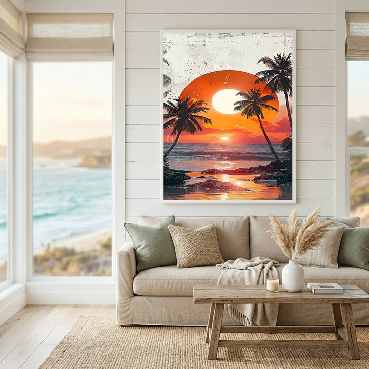 Wadi Home tropical sunset beach wall art print featuring palm tree silhouettes and vibrant orange sun in a living room