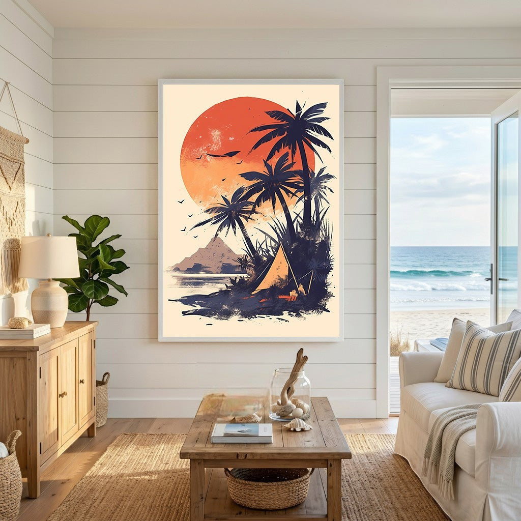 Wadi Home tropical sunset beach wall art print featuring palm trees and a campsite in a coastal living room.