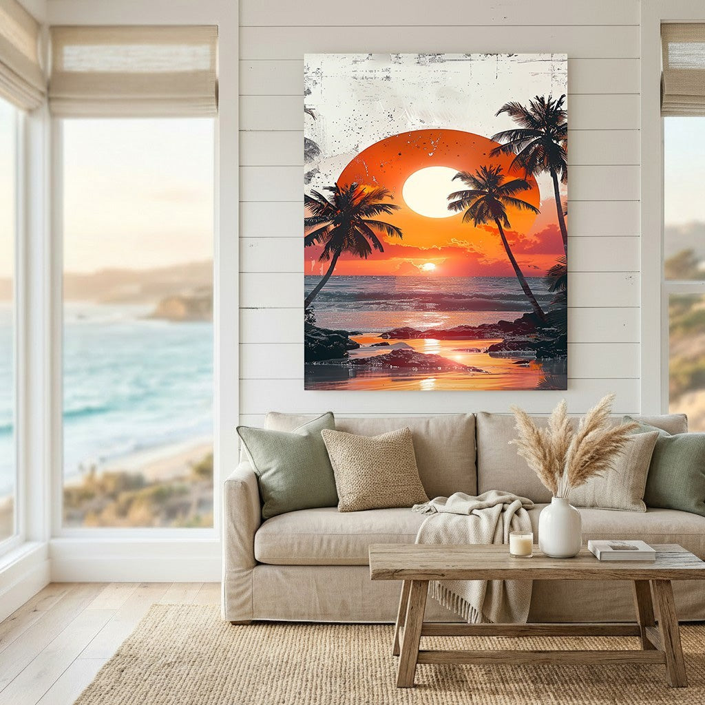 Wadi Home tropical sunset beach wall art print featuring palm tree silhouettes and vibrant orange hues in a living room