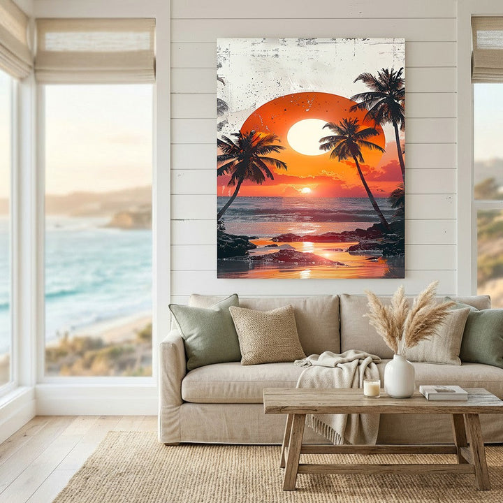 Wadi Home tropical sunset beach wall art print featuring palm tree silhouettes and vibrant orange hues in a living room