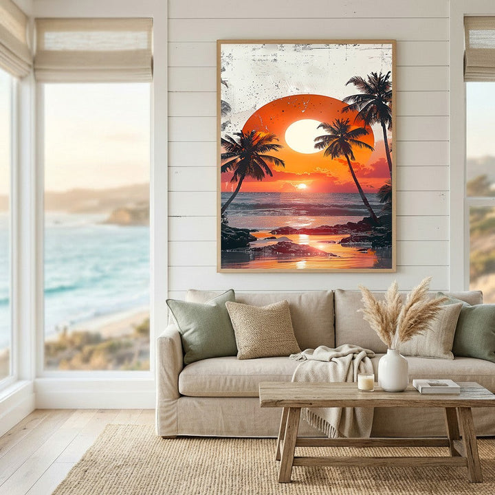 Wadi Home tropical sunset beach landscape wall art print featuring palm silhouettes in a modern coastal living room