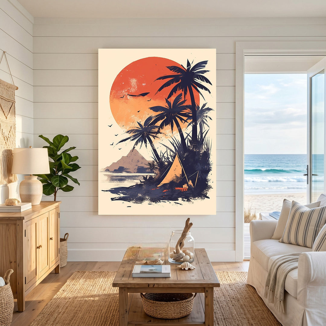 Wadi Home tropical sunset beach landscape wall art print featuring silhouetted palm trees and a campsite in a living room