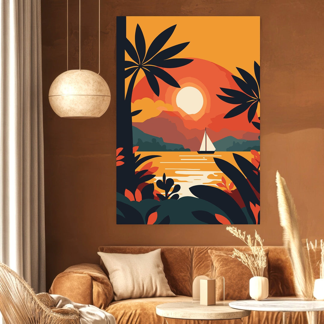 Wadi Home tropical sunset landscape wall art featuring a sailboat and palm silhouettes in a modern living room.