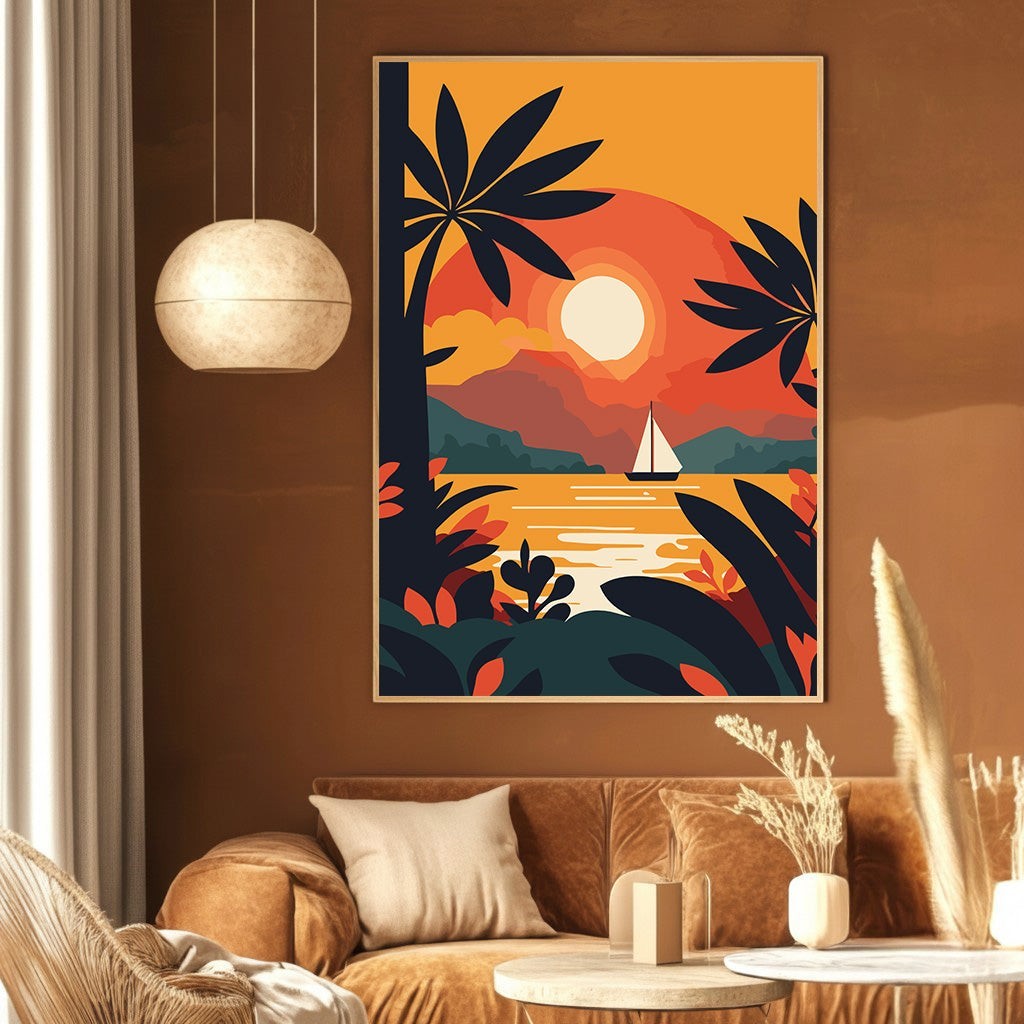 Wadi Home tropical sunset landscape wall art print with sailboat and palm leaves in a minimalist frame above a sofa.