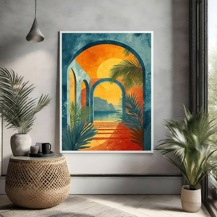 Wadi Home Archway Tropical Sunset Wall Art featuring vibrant oranges, blues, and greens, with palm fronds framing an ocean view.