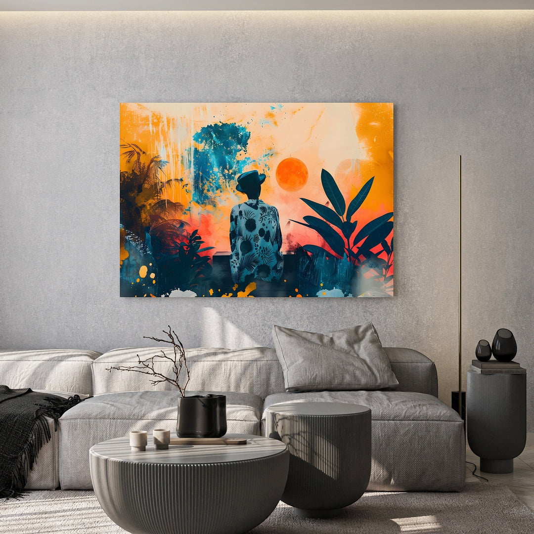 Wadi Home tropical sunset wall art with silhouetted figure, lush foliage, vibrant oranges, blues, and greens.