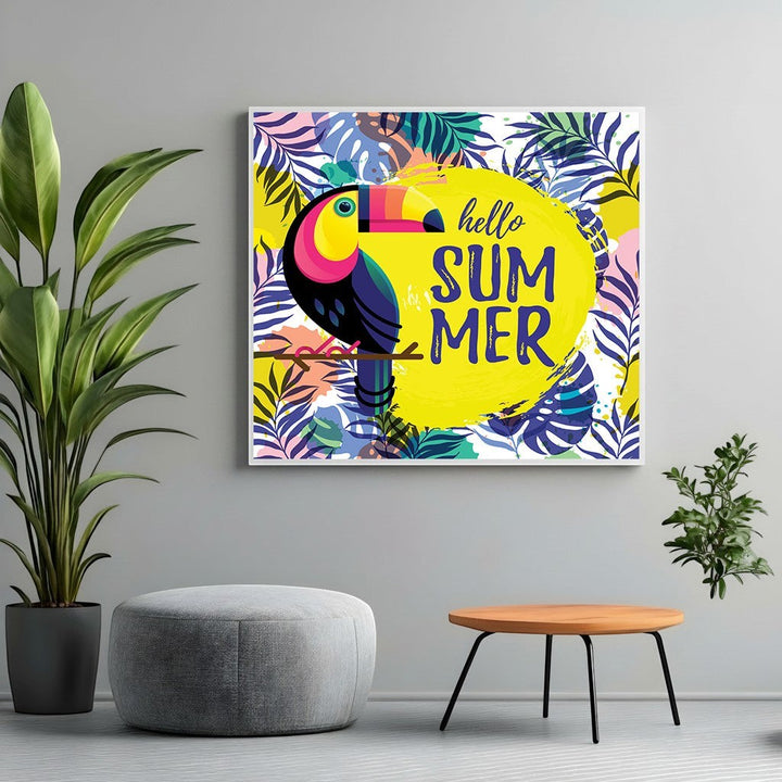 Wadi Home Tropical Toucan Hello Summer wall art print featuring a colorful toucan and palm leaves in a modern room.