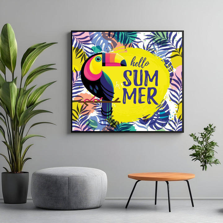 Wadi Home tropical toucan wall art print with Hello Summer typography in a modern living room setting.