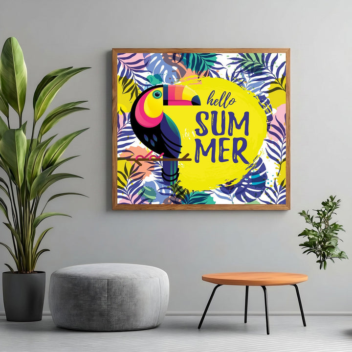 Wadi Home tropical toucan wall art print with Hello Summer typography and colorful palm leaf pattern in a wooden frame