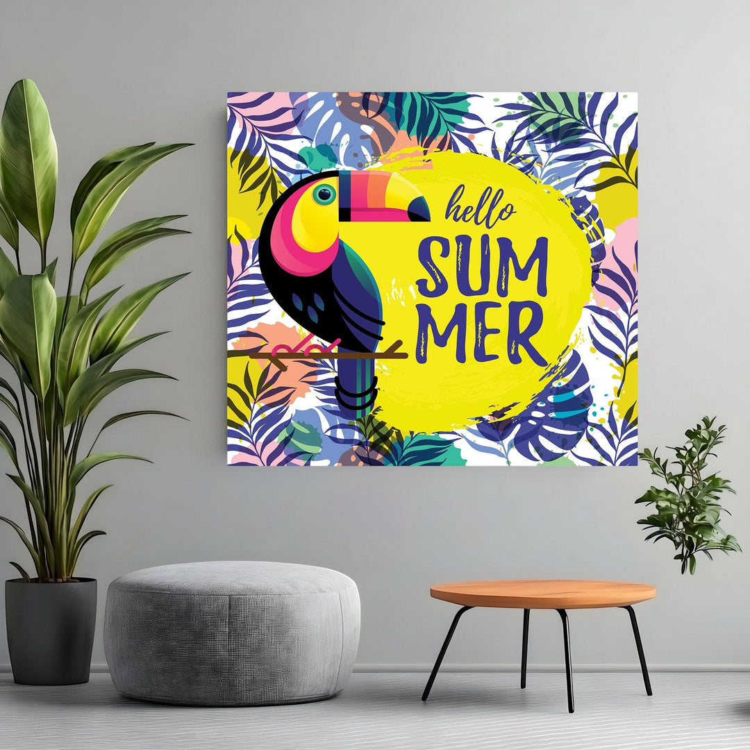 Wadi Home tropical toucan wall art print with Hello Summer typography on a yellow circle and colorful palm leaves.