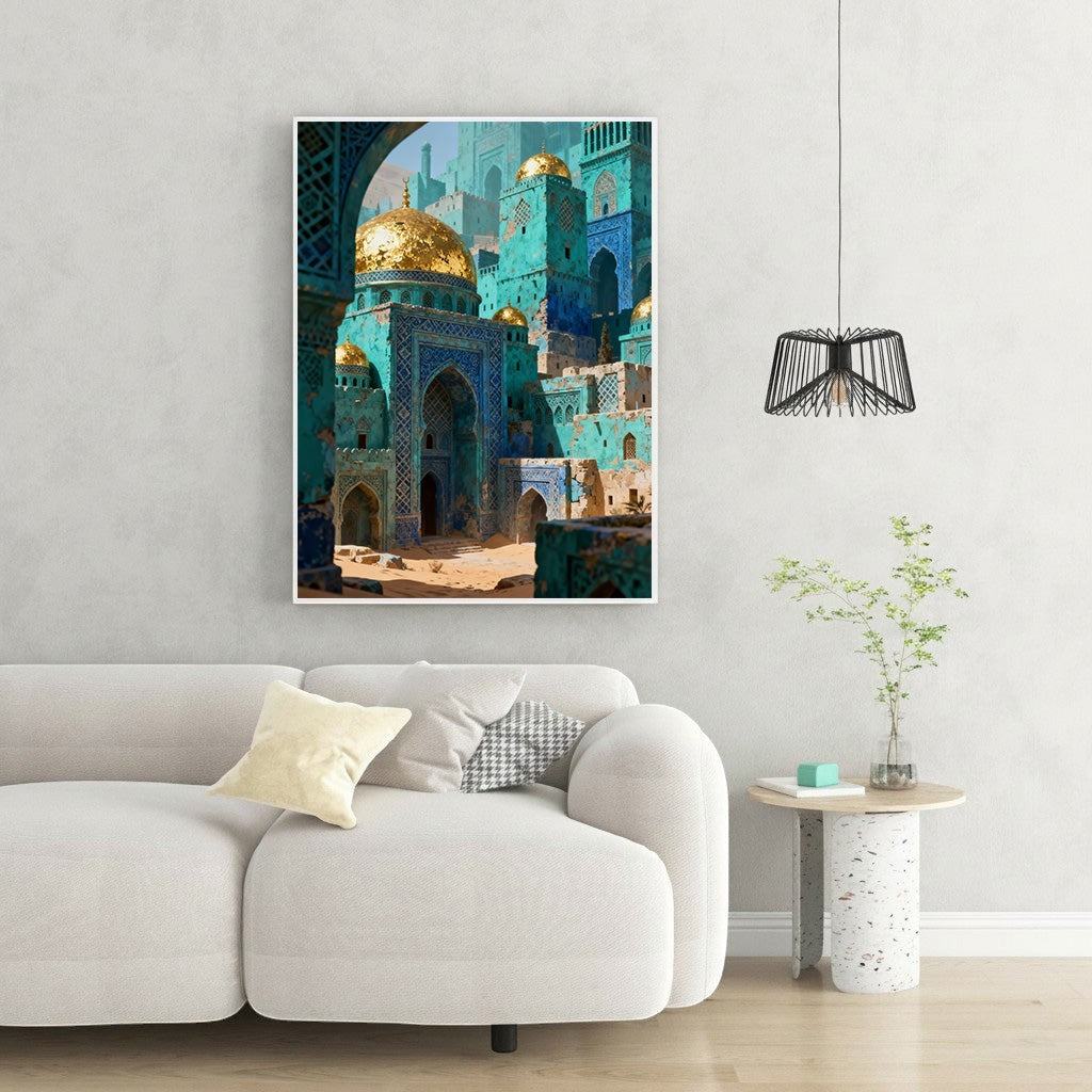 Wadi Home turquoise and gold cityscape artwork with intricate architecture and domes, displayed above a sofa.