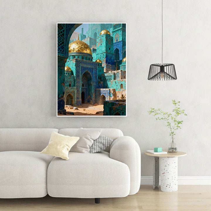 Wadi Home turquoise and gold cityscape artwork with intricate architecture and domes, displayed above a sofa.