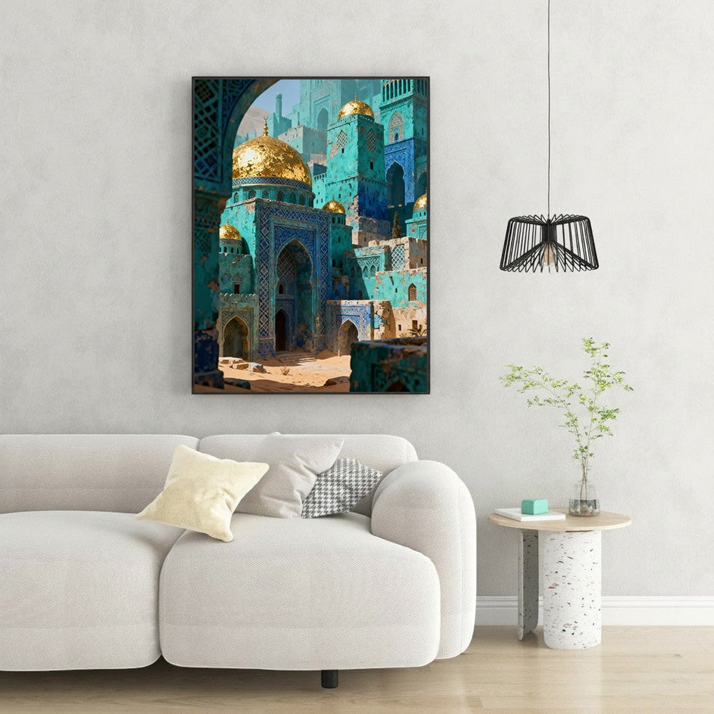 Wadi Home turquoise cityscape artwork with golden domes and intricate blue tile details, depicting fantastical architecture.