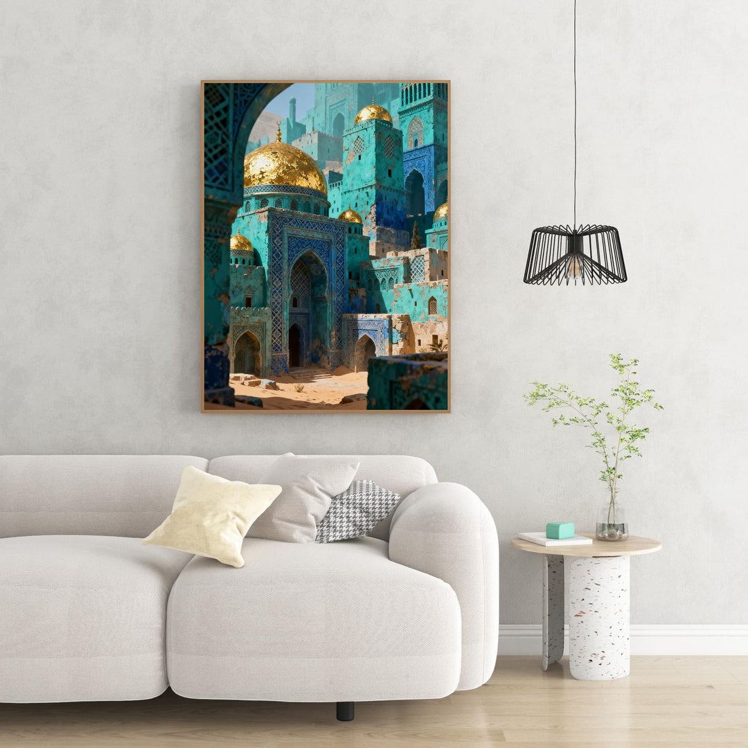 Wadi Home turquoise cityscape artwork with golden domes and intricate blue tile details, set in a desert landscape.