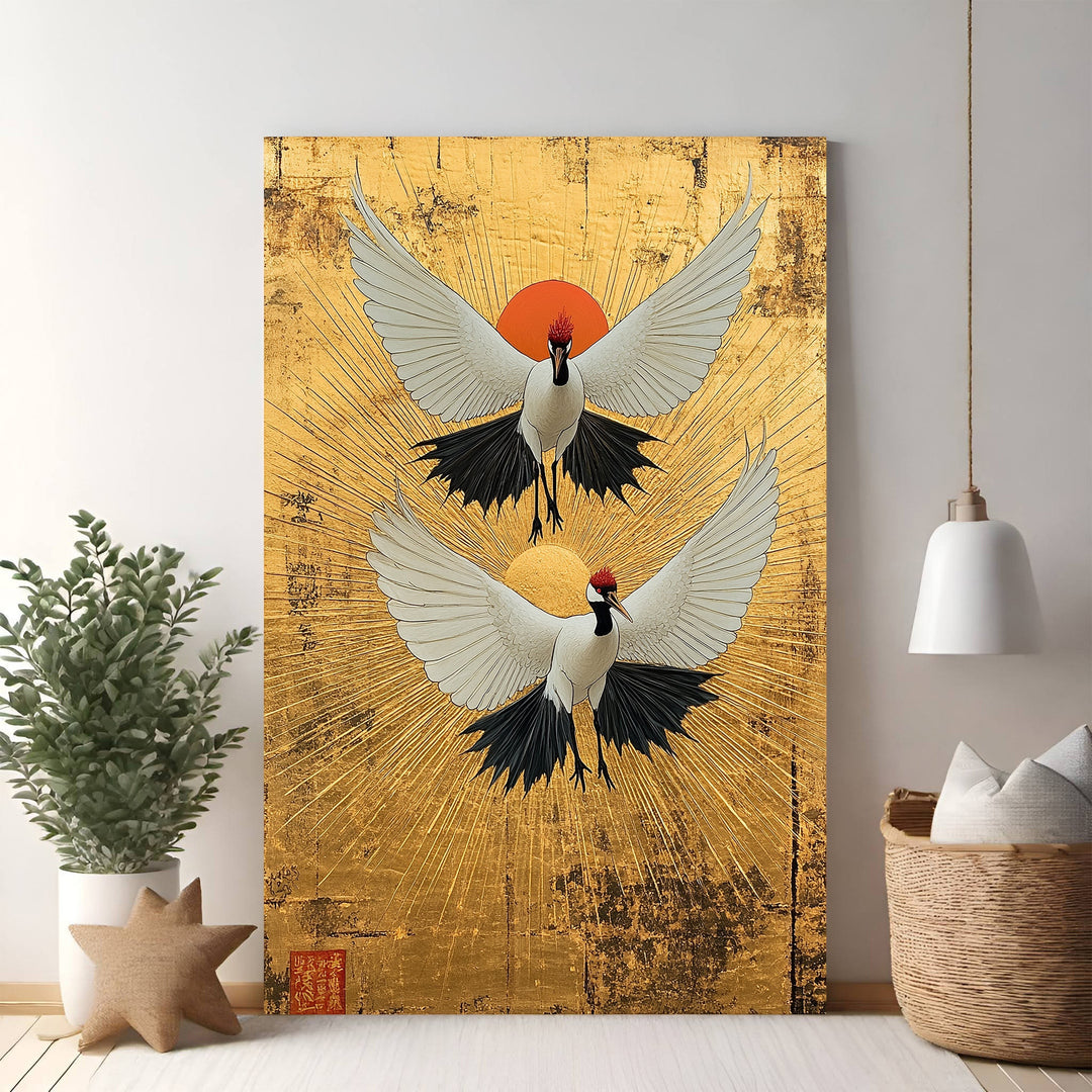 Wadi Home artwork of two white cranes with red crests flying against a golden sunburst background. Japanese-inspired wall art.