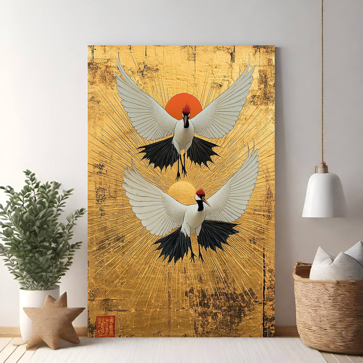 Wadi Home artwork of two white cranes with red crests flying against a golden sunburst background. Japanese-inspired wall art.