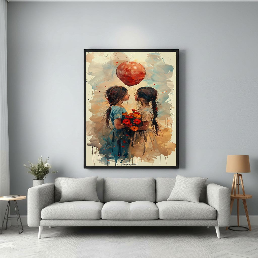 Wadi Home art print of two girls with a red balloon and flowers, watercolor style, warm tones, abstract background.