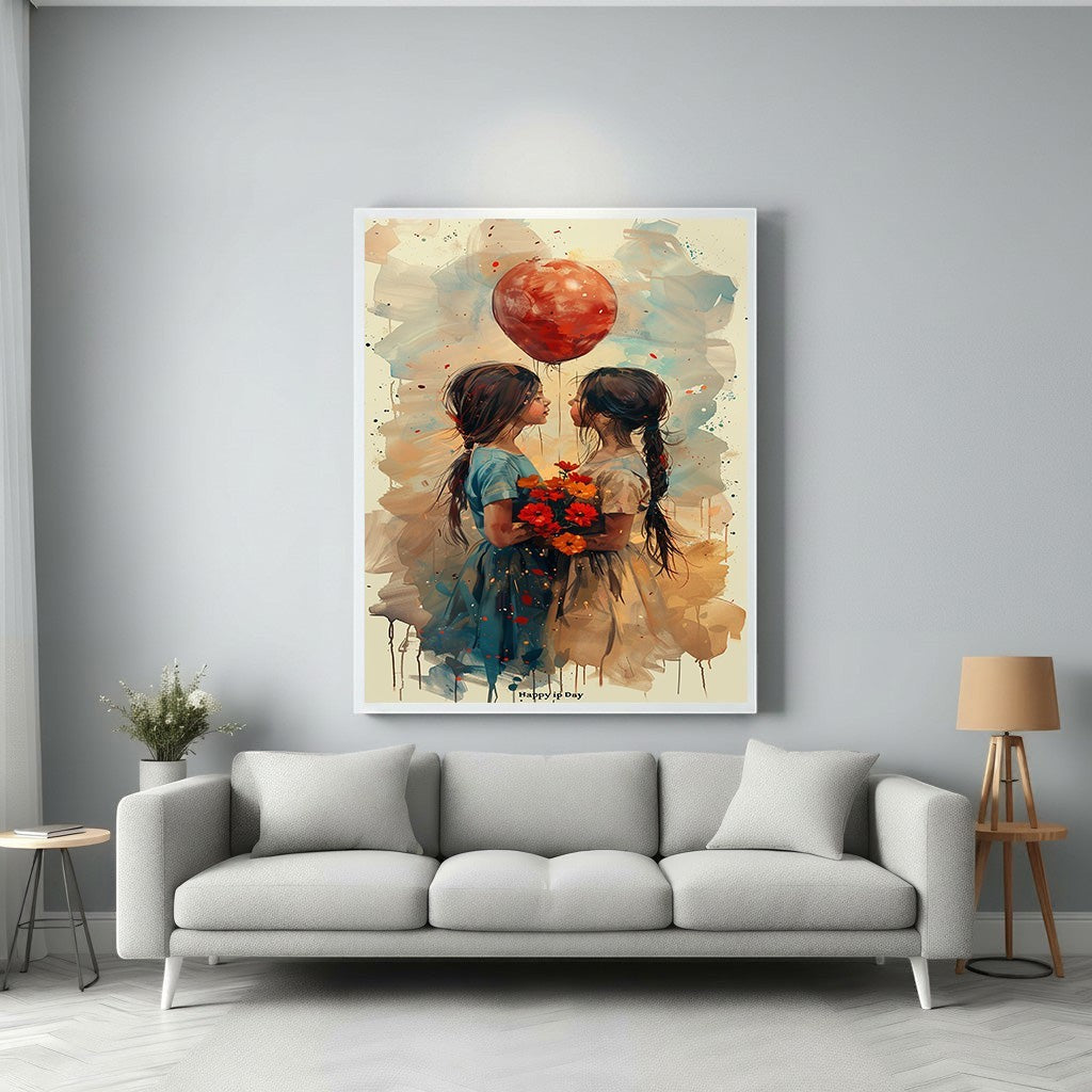 Wadi Home art print of two girls, one holding a red balloon, the other flowers. Watercolor style.