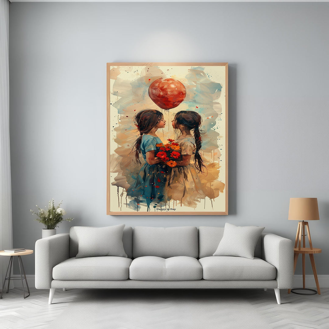 Wadi Home art print of two girls, one holding a red balloon, the other flowers. Watercolor style.
