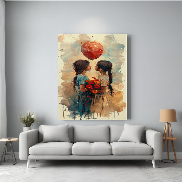 Wadi Home art print of two girls, one holding a red balloon, the other flowers. Watercolor style.
