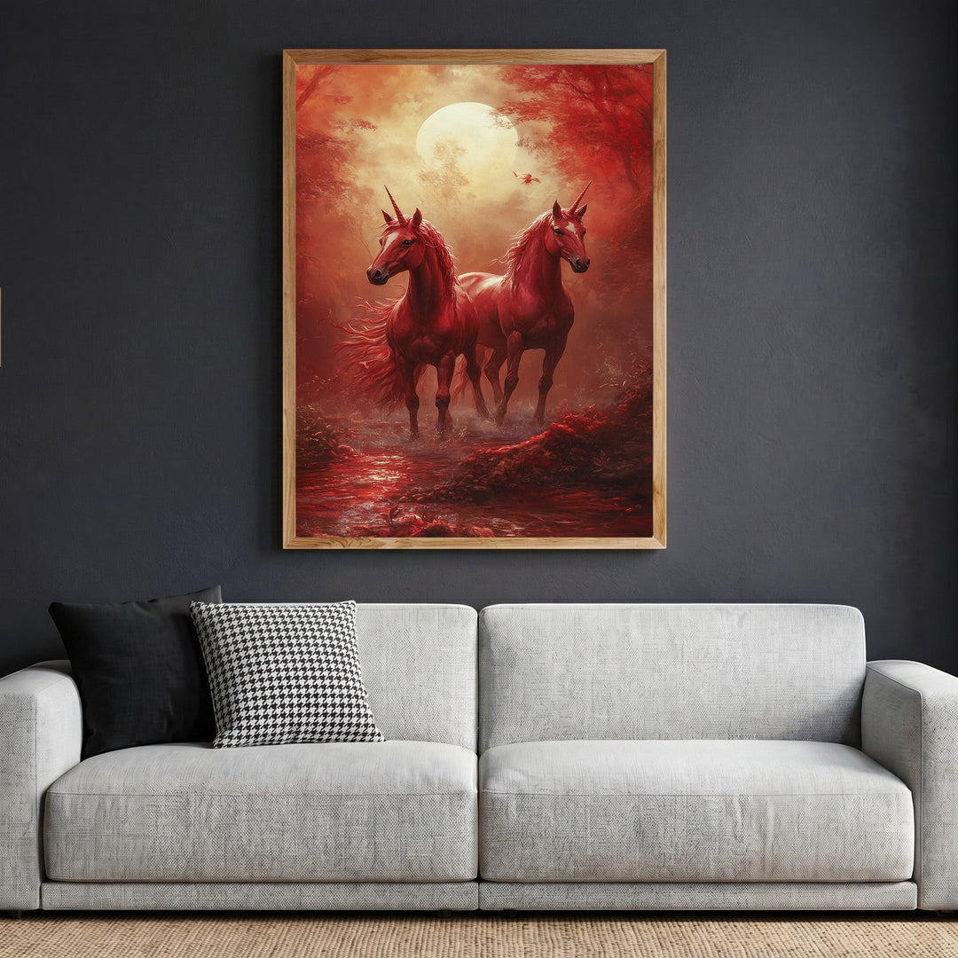 Wadi Home mystical unicorn forest wall art print in a wooden frame hanging above a modern grey sofa.