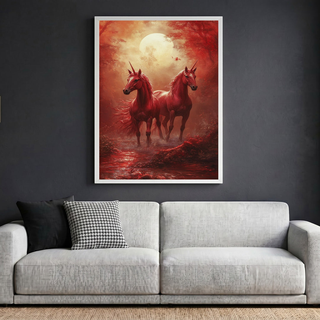 Wadi Home mystical unicorn forest wall art print with crimson woodland and full moon, framed above a grey sofa.