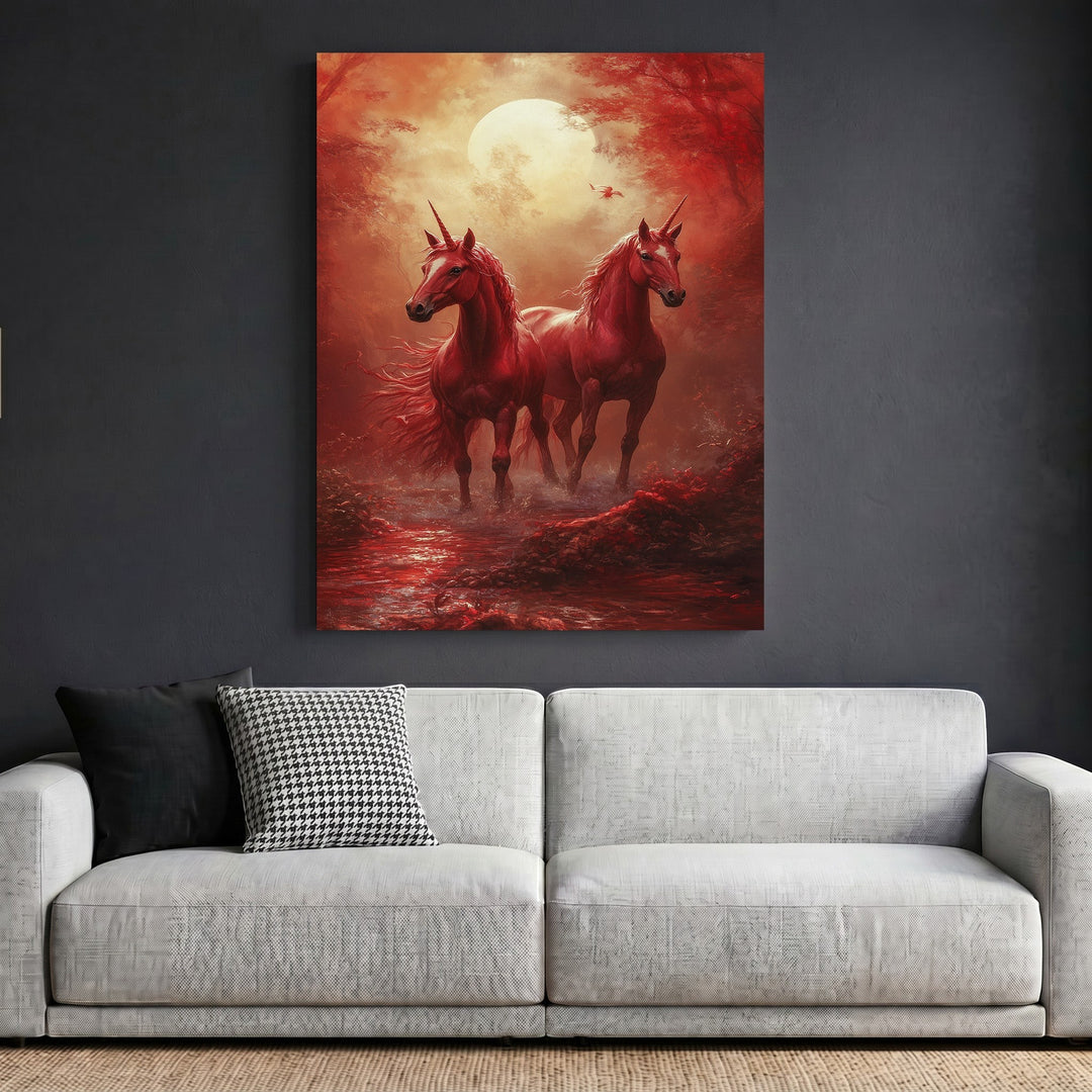 Wadi Home mystical unicorn forest wall art print featuring two red unicorns in a moonlit woodland above a grey sofa.