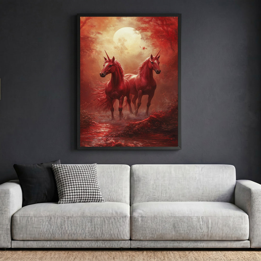 Wadi Home framed wall art print featuring two majestic unicorns in a crimson forest under a full moon above a sofa.