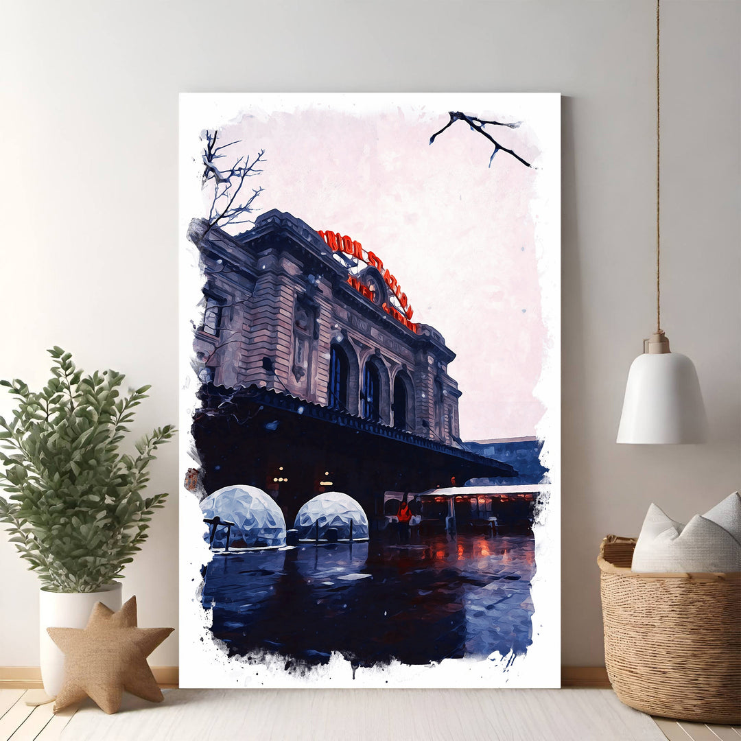 Wadi Home Union Station winter art print. Painterly style shows iconic architecture with red signage, snowy sky, and wet ground reflections.