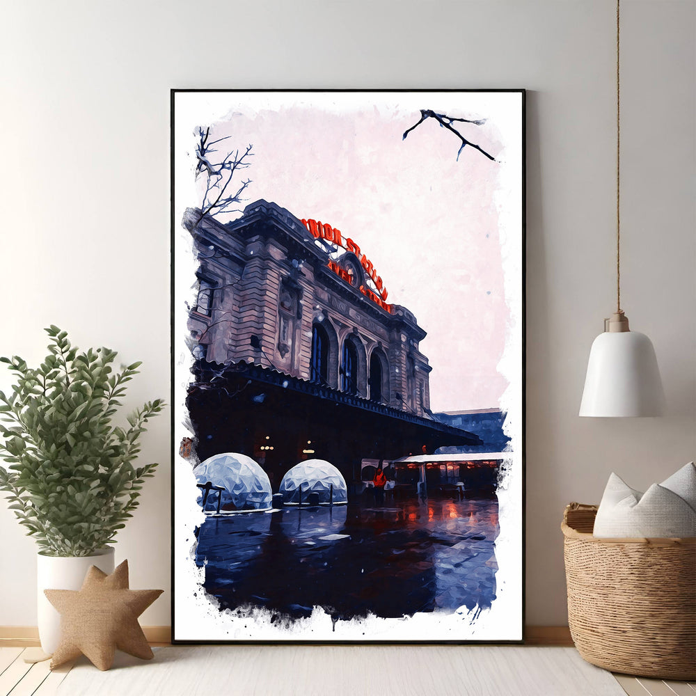 Wadi Home Union Station winter art print. Painterly style shows iconic architecture with red "UNION STATION" sign, snowy sky, and wet ground reflections.