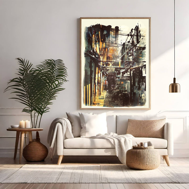 Wadi Home abstract wall art depicting an urban alleyway with dark tones and golden light. Textured, painterly style.