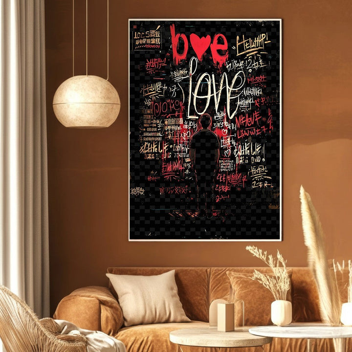 Wadi Home urban graffiti love wall art print with red and white typography on a black background in a modern room.