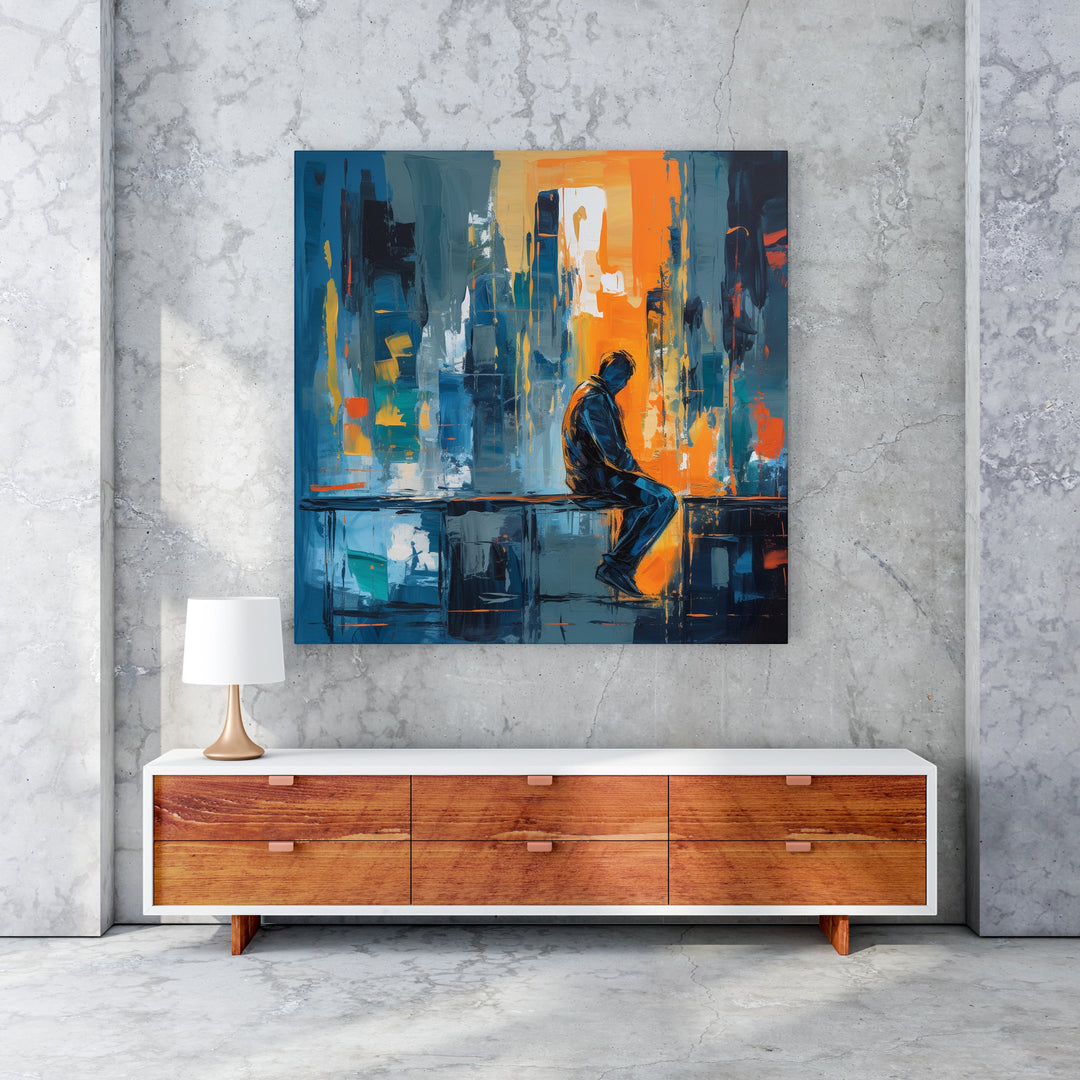 Wadi Home Urban Solitude abstract canvas art print featuring a silhouetted figure against a vibrant cityscape in blues, oranges, and grays.
