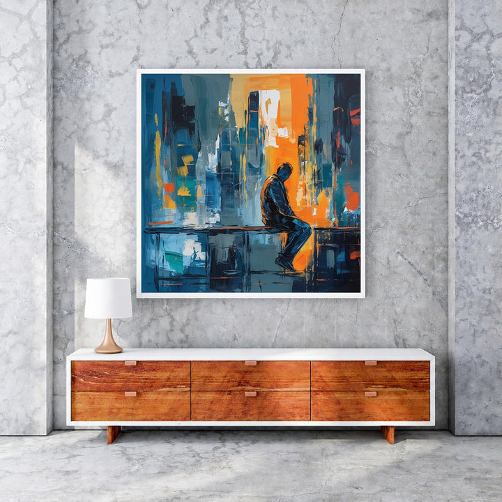 Wadi Home Urban Solitude abstract wall art, featuring a silhouetted figure against a vibrant cityscape in blues, oranges, and grays.