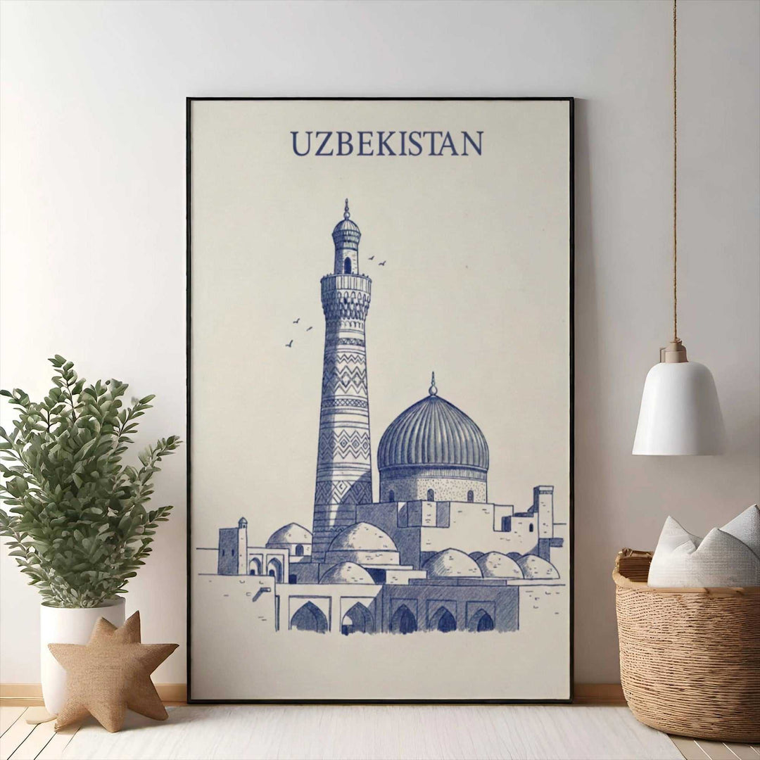 Wadi Home Uzbekistan architectural landmark sketch in blue ink, featuring minarets and domes.