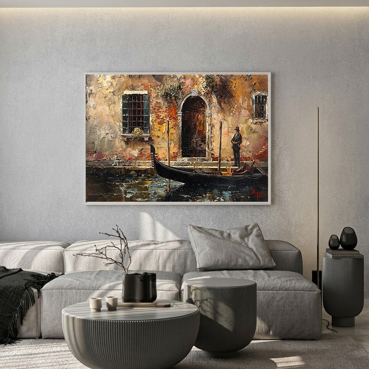 Wadi Home Venetian gondola oil painting with textured brushstrokes in warm ochre and terracotta tones above a sofa.