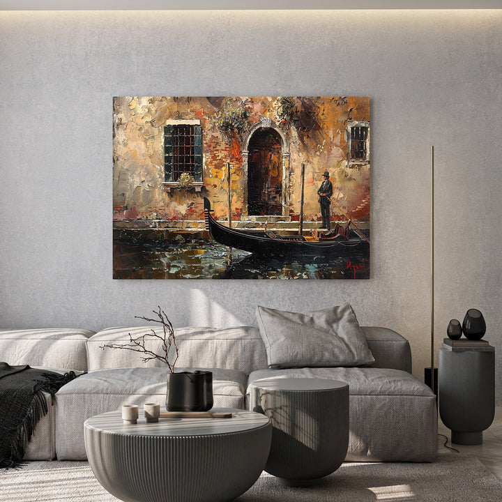 Wadi Home Venetian gondola oil painting with textured brushstrokes in warm ochre and terracotta on a living room wall.