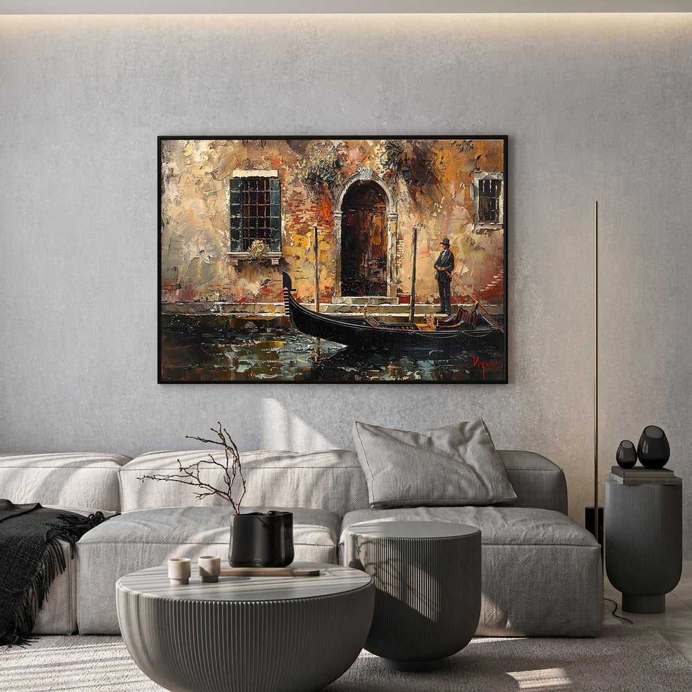 Wadi Home Venetian gondola oil painting with textured brushstrokes in warm ochre and terracotta tones above a sofa.