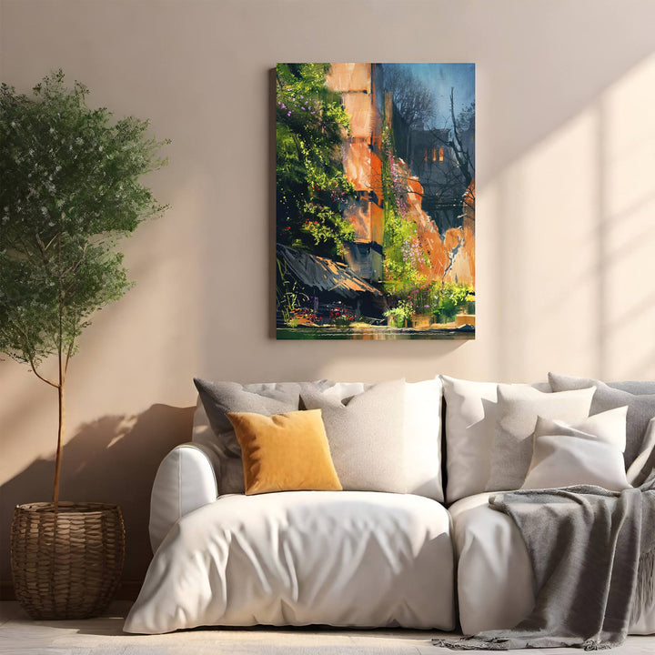 Wadi Home vibrant watercolor landscape painting with greens, oranges, and blues, featuring a rustic dwelling and lush foliage.